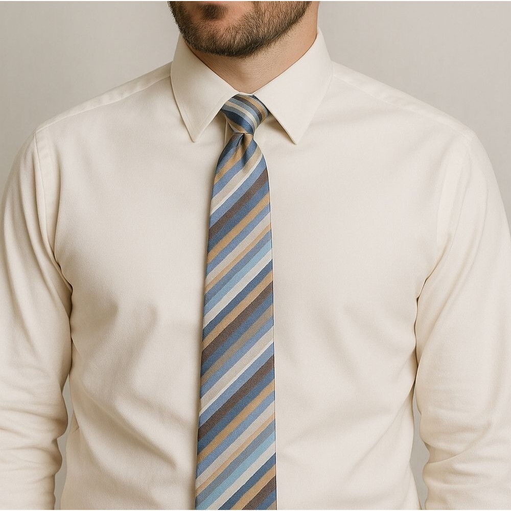 Geoffrey Beene Blue Gold Brown Striped Silk Necktie Office Meeting Upgrade Tie